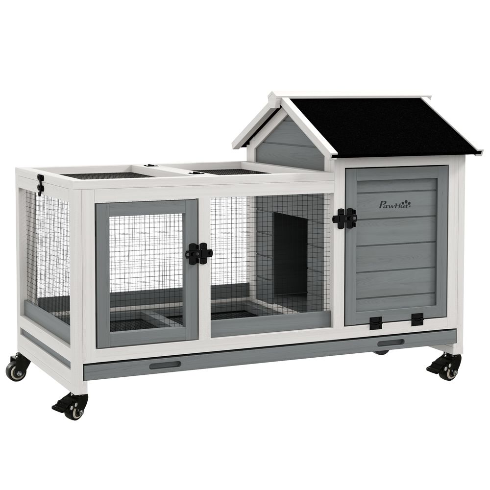 PawHut Wooden Rabbit Hutch, Small Animal House w/ Wheels, Removable Tray - Grey
