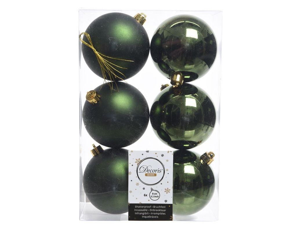Shatterproof Pine Green Bauble 8cm Pack of 6 - Christmas