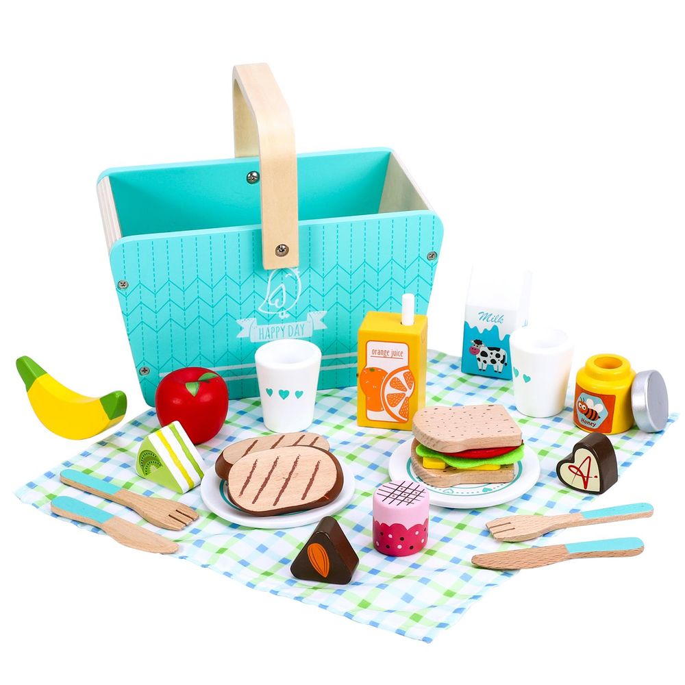 SOKA Happy Day-Picnic 0000476 - Classic Toy Picnic Basket with Wooden Food Playset