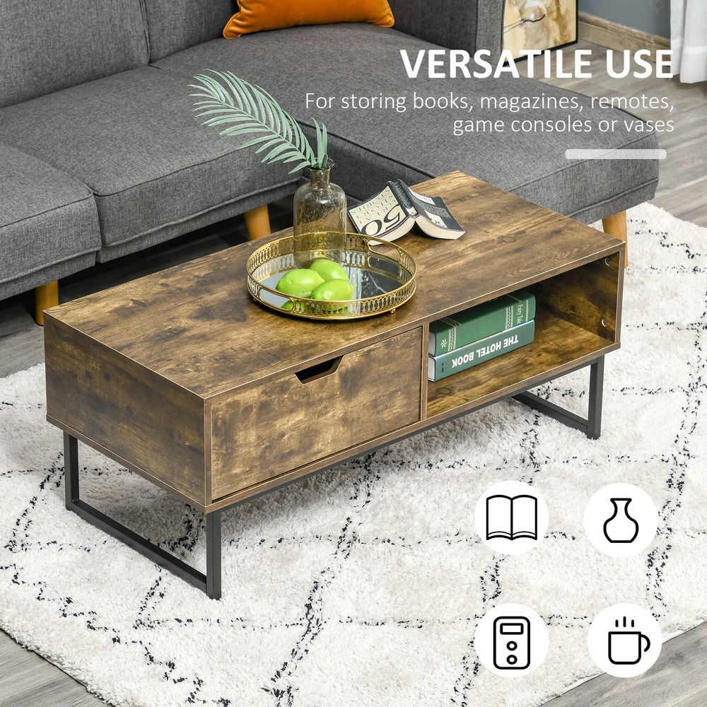 Coffee Table Wood Finish Metal Frame Sofa Table Drawer & Shelf Brown