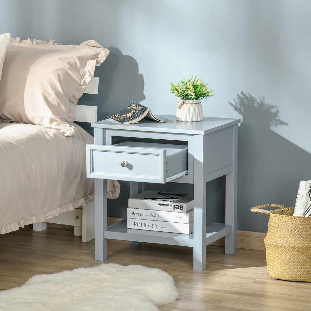 HOMCOM Bedside End Table Nightstand w/Drawer Open Shelf Table Top Metal Handle Classic Home Stylish Furniture Grey