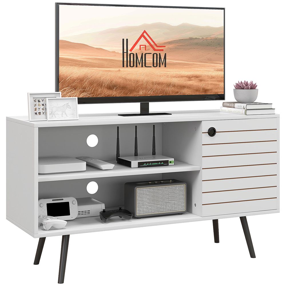 HOMCOM TV Unit for 50" TVs with 2 Open Shelves, Door and 2 Cable Holes, White