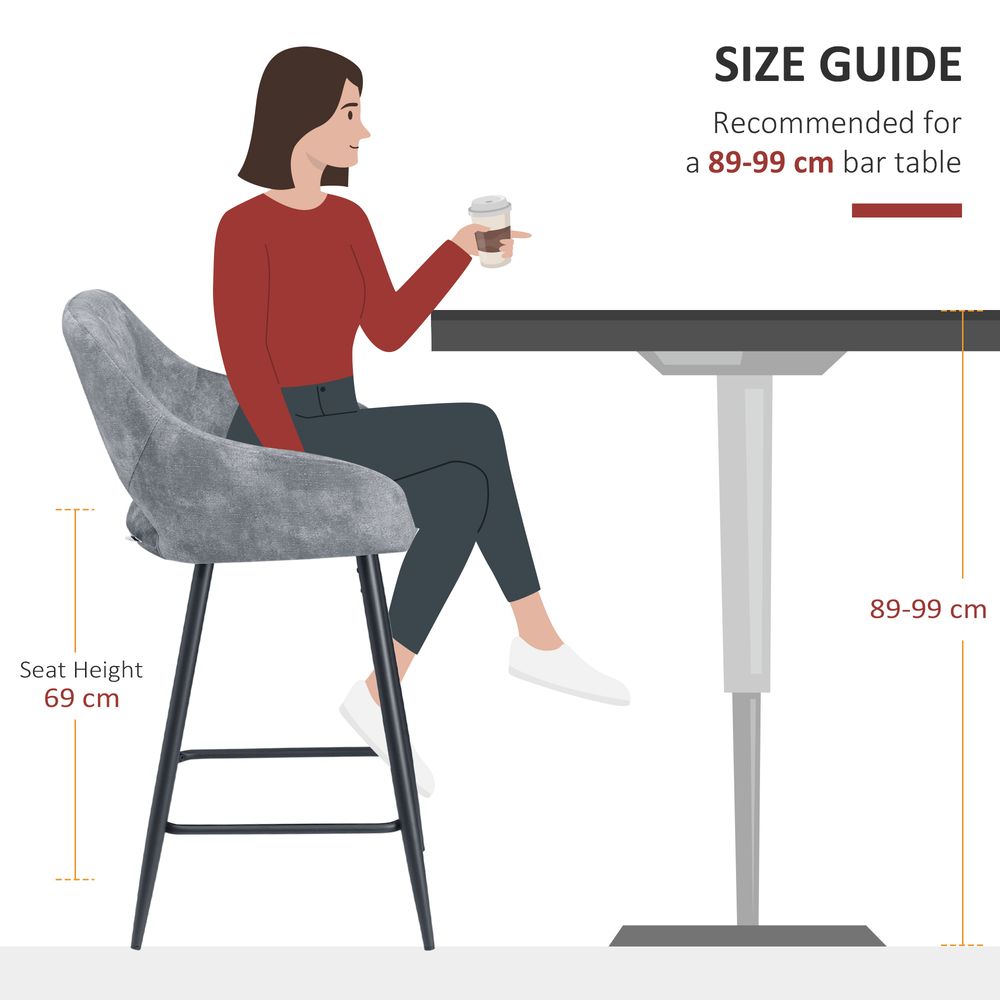 HOMCOM Bar Stools Set of 2, Velvet-Touch Fabric Counter Height Bar Chairs, Kitchen Stools with Steel Legs for Dining Area, Kitchen Island Barstools, Grey