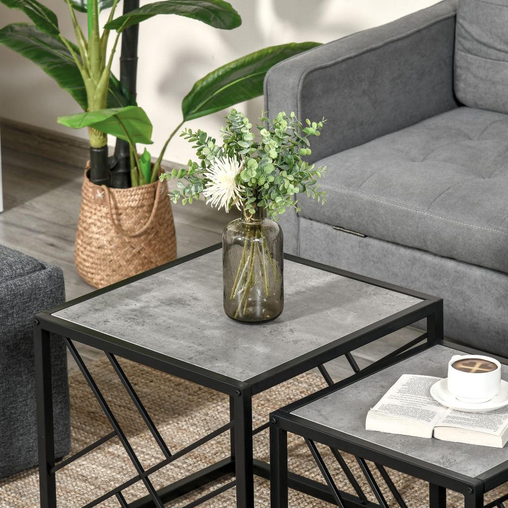 HOMCOM Nesting Coffee Tables, Set of 3 Square Side Tables with Black Metal Frame, for Living Room, Bedroom and Office, Grey