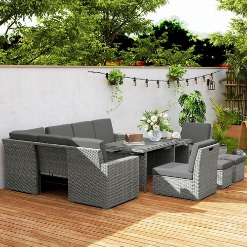 Outsunny 10-Seater Sofa Sectional w/ Cushioned Seat, Footstools and Glass Table