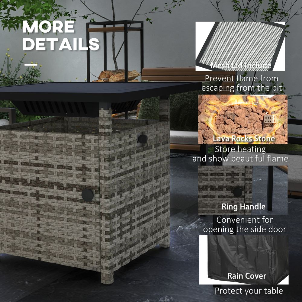 Outsunny 50,000 BTU Rattan Fire Pit Table - Grey, Garden Propane Pit - Electric Ignition, Adjustable Heat