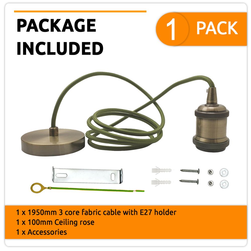 Green Brass Vintage Metal Ceiling Light Fitting Army Green Round Braided Flex 2m E27 Lamp Holder