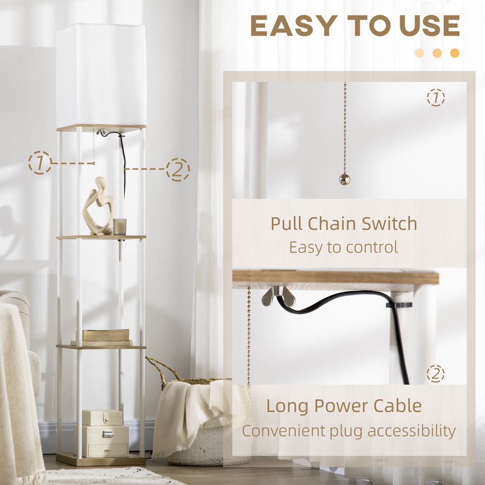 HOMCOM Modern Floor Lamp: Shelves, Fabric Lampshade for Living Room