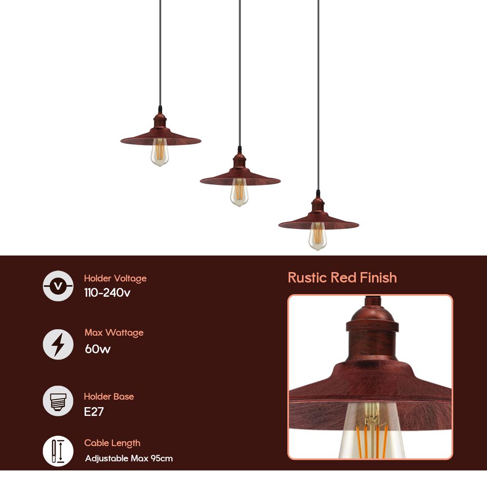 Vintage Rustic Red Pendant Lamp - 3 Head Reactangle Base, Metal Shade, E27 Base, Brushed Light, Long Wire - High Quality