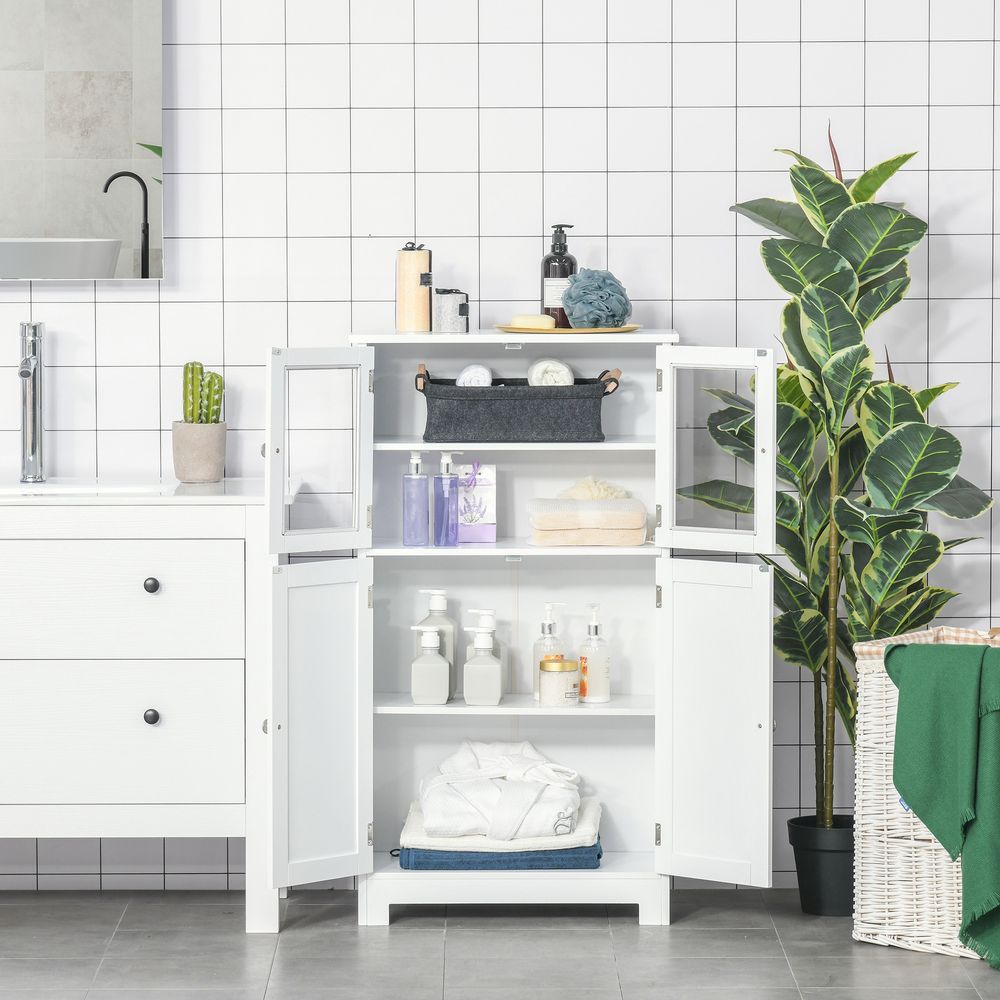Bathroom Floor Storage Cabinet with Glass Doors - White