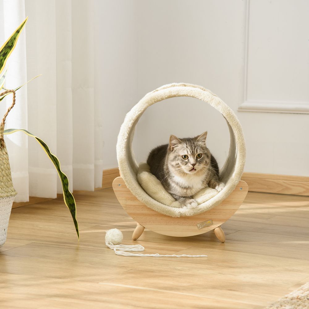 PawHut Raised Cat House Kitten Bed Pet Shelter Wrapped with Scratcher Soft Cushion, 41 x 38 x 43 cm, Beige