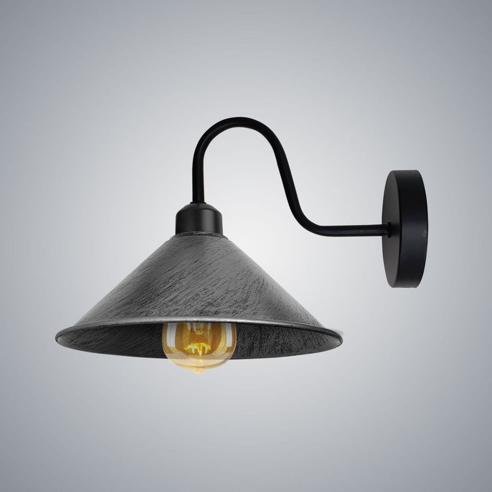 Vintage Wall Light Fixture, Brushed Silver, E27 Base, Black Cone Shade - Perfect for Indoor Lighting, 3 Year Warranty, CE/RoHS Certified