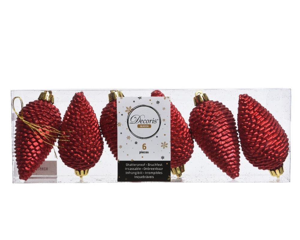 Shatterproof Christmas Red Glitter Pine Cone 8cm Pack of 6 - Christmas Tree Decoration