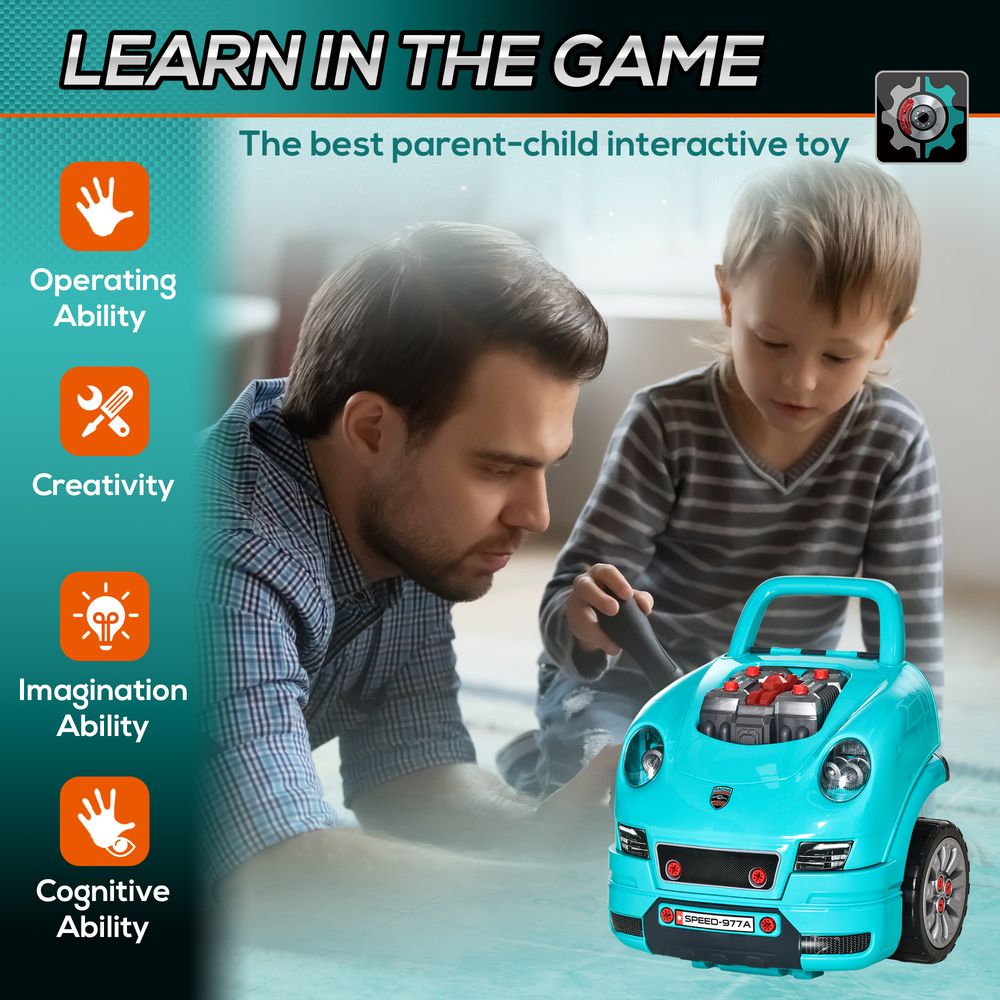 HOMCOM Kids Truck Engine Toy Set Toddler Educational Car Service Station w/RC Car Key Steering Wheel Horn Light, Mechanic Gifts for Ages 3-5 Years - Teal