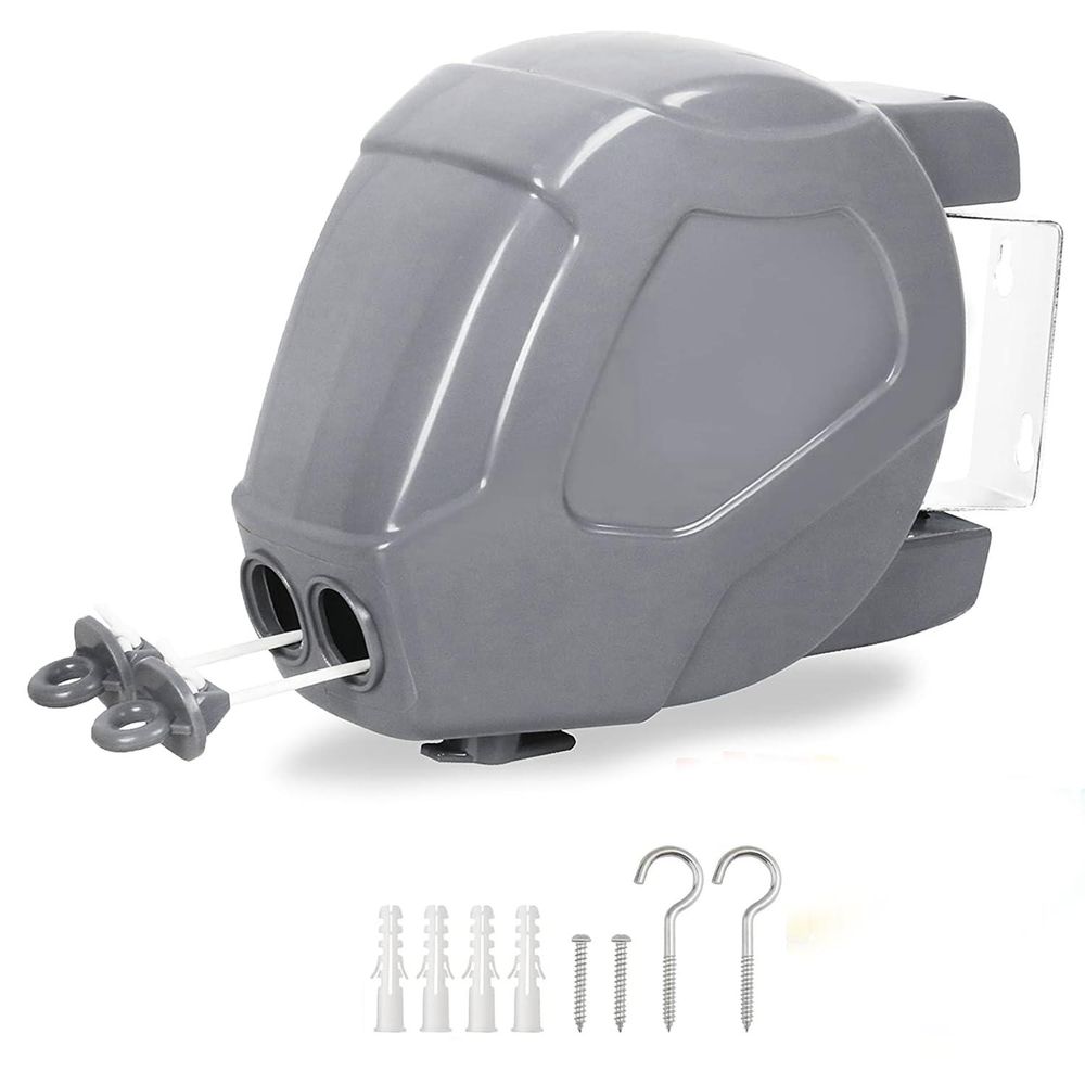 30m Retractable Washing Line Grey Wall Mounted Outdoor Clothes Line with Locking Mechanism