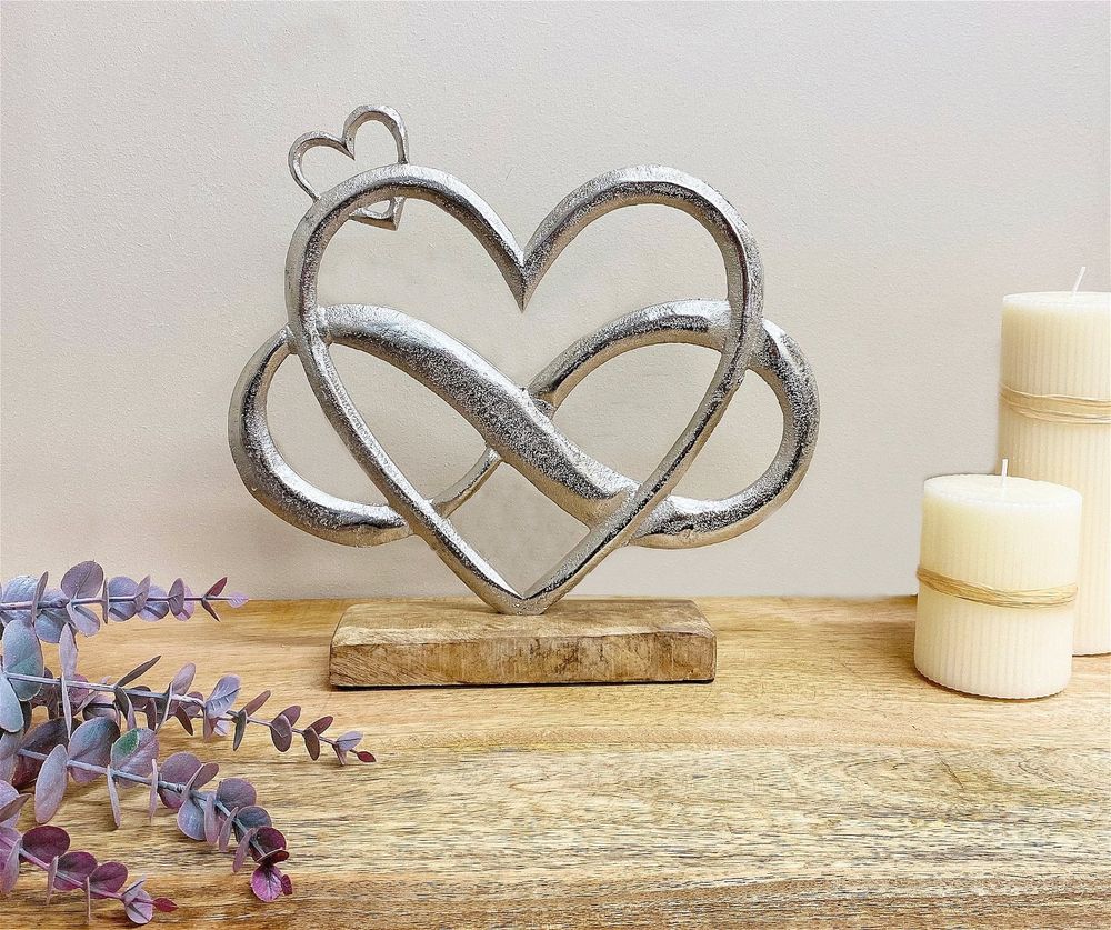 Stylish Metal Silver Entwined Hearts On Wooden Base - Large