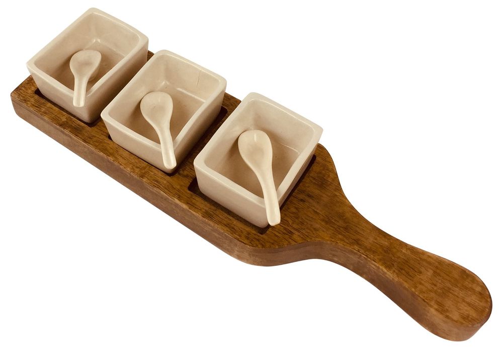 Handcrafted Wooden Tray Set: Dip Bowls & Spoons, Rustic Design - 36cm
