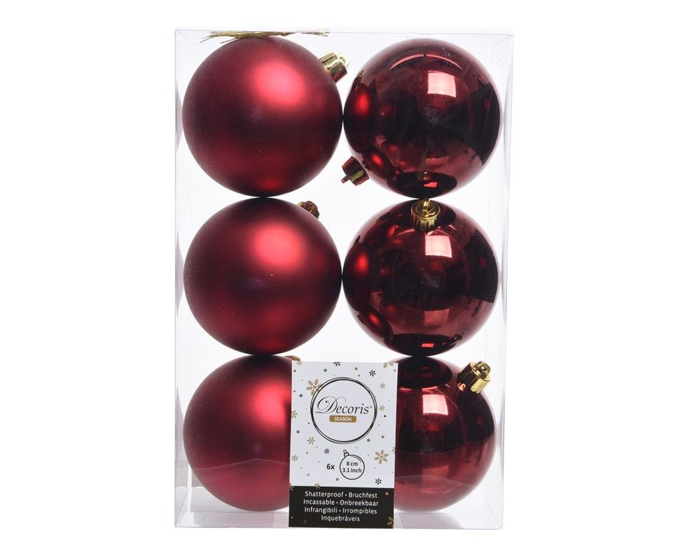 Shatterproof Deep Red Bauble 8cm Pack of 6 - Christmas