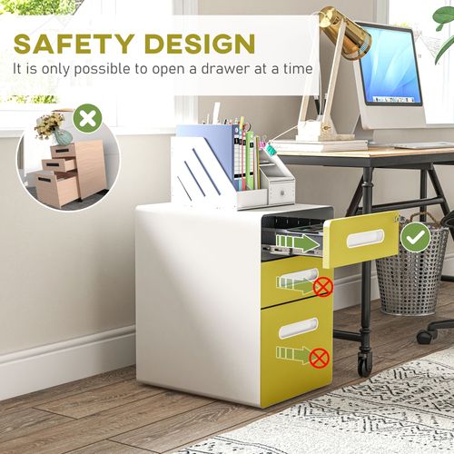 Vinsetto 3 Drawer Modern Steel Filing Cabinet w/ 4 Wheels Lock Box