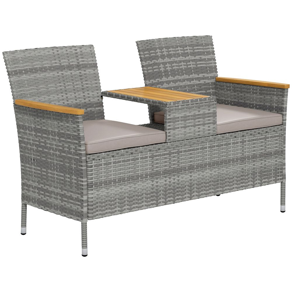 Outsunny Rattan Garden Bench - Wood Top Table - Wicker Chair - Cushions - Outdoor Furniture