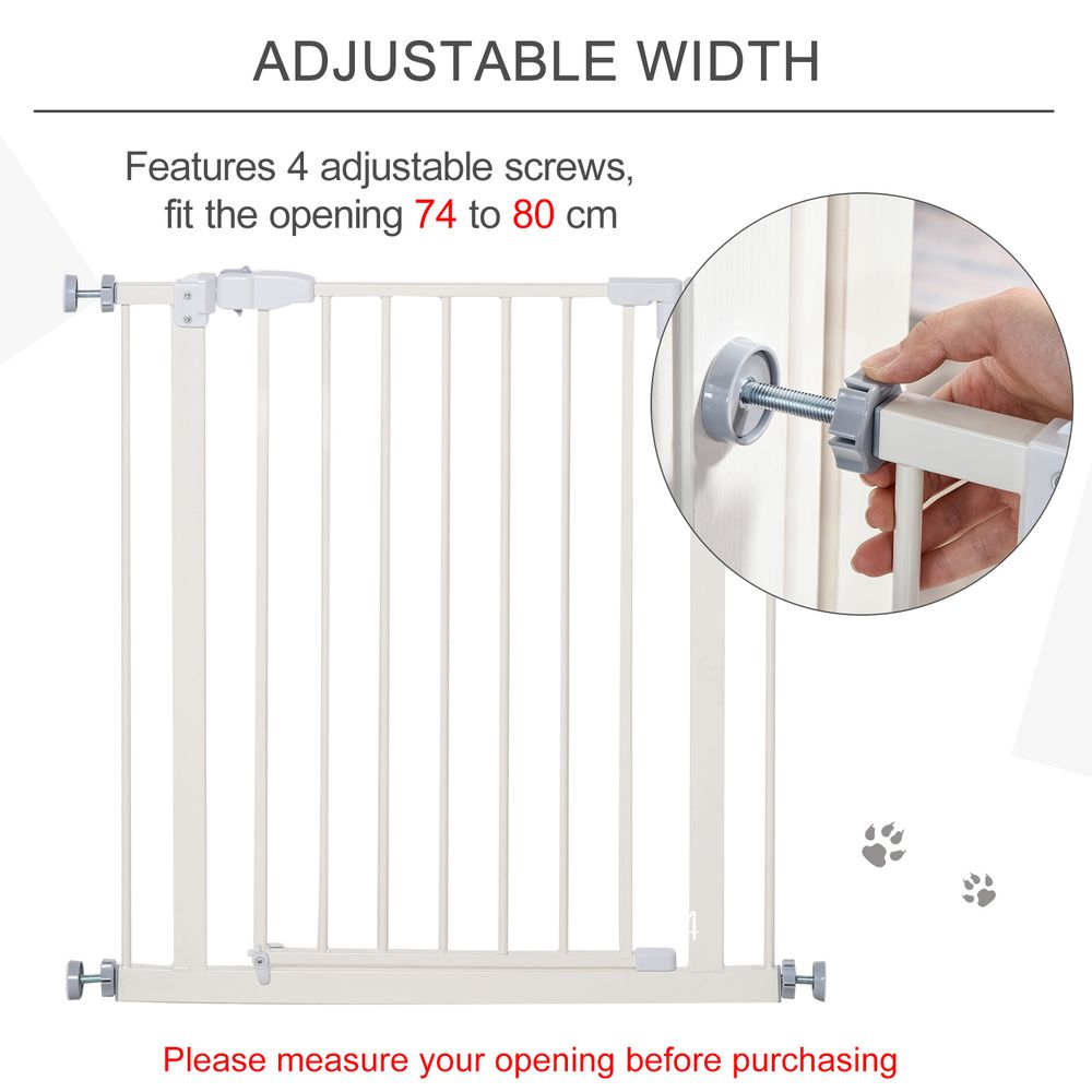 PawHut Pressure Fit Safety Gate, Adjustable Dog Gate, Pet Barrier for for Doorways, Staircases and Hallways with Auto Close, Double Locking, Opening 74-80cm, White