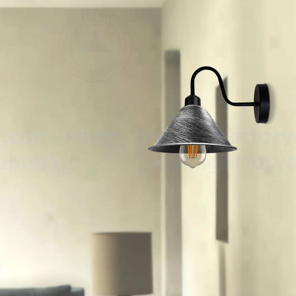 Vintage Wall Light Fixture | Brushed Silver Black Wall Sconce | E27 Socket | Swan Neck Cone Shade | High Quality