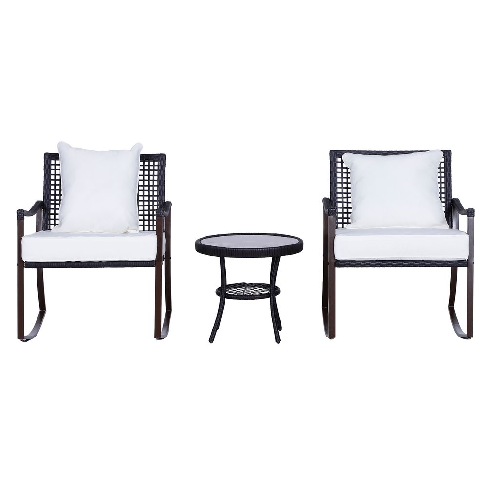 Outdoor Rocking Chair Bistro Set - 3PCS - Brown/Cream - Free Cushions