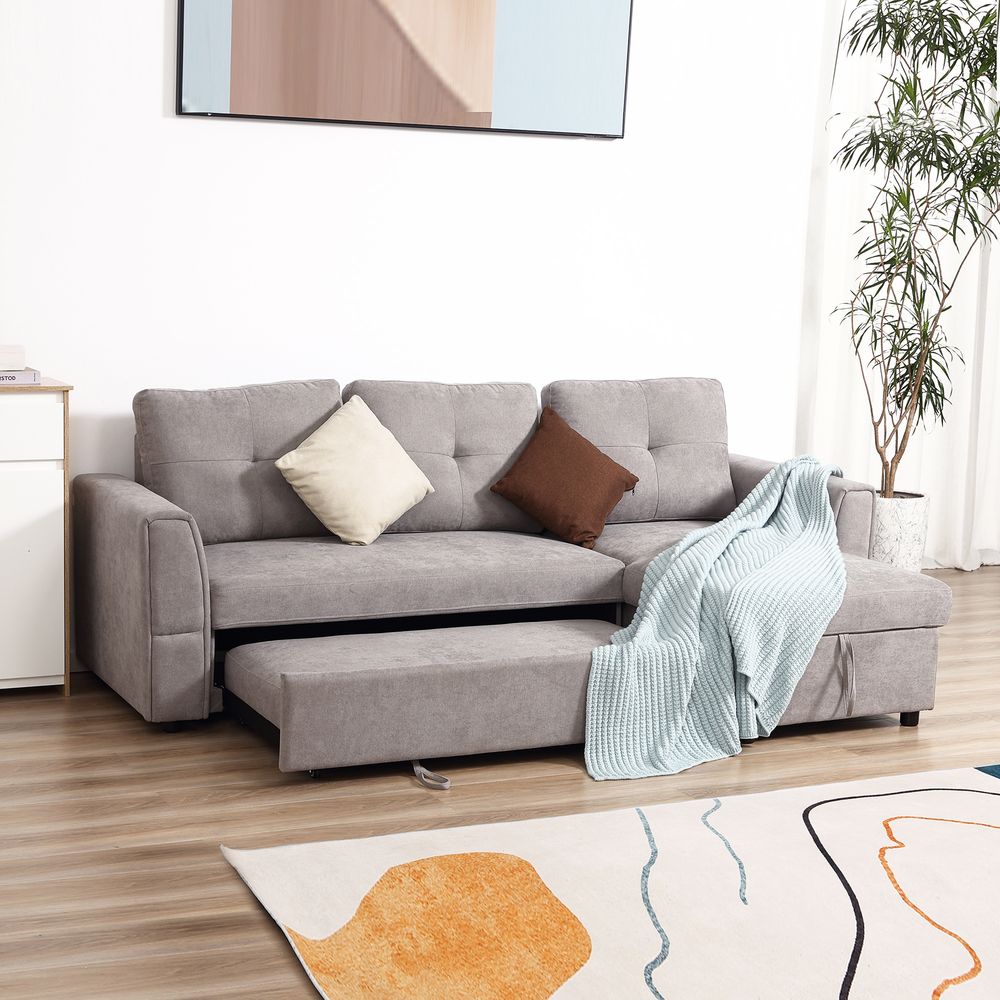 HOMCOM IE Located L-Shaped Sofa Bed Upholstered Reversible Couch with Hidden Storage Sectional Bed Set Sleeper Futon Grey