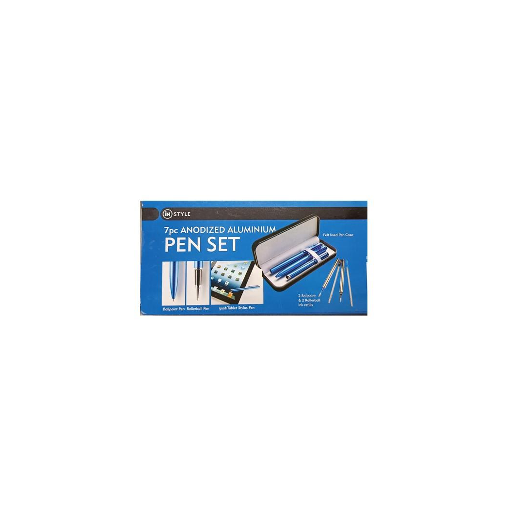 DSL Instyle 7pc Black/Blue Ink Pen & Refills Anodized Aluminium Blue Case Pen Set Box 2799