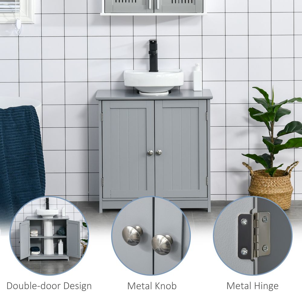 kleankin 60x60cm Under-Sink Storage Cabinet w/Adjustable Shelf Handles Drain Hole Bathroom Cabinet Space Saver Organizer Grey
