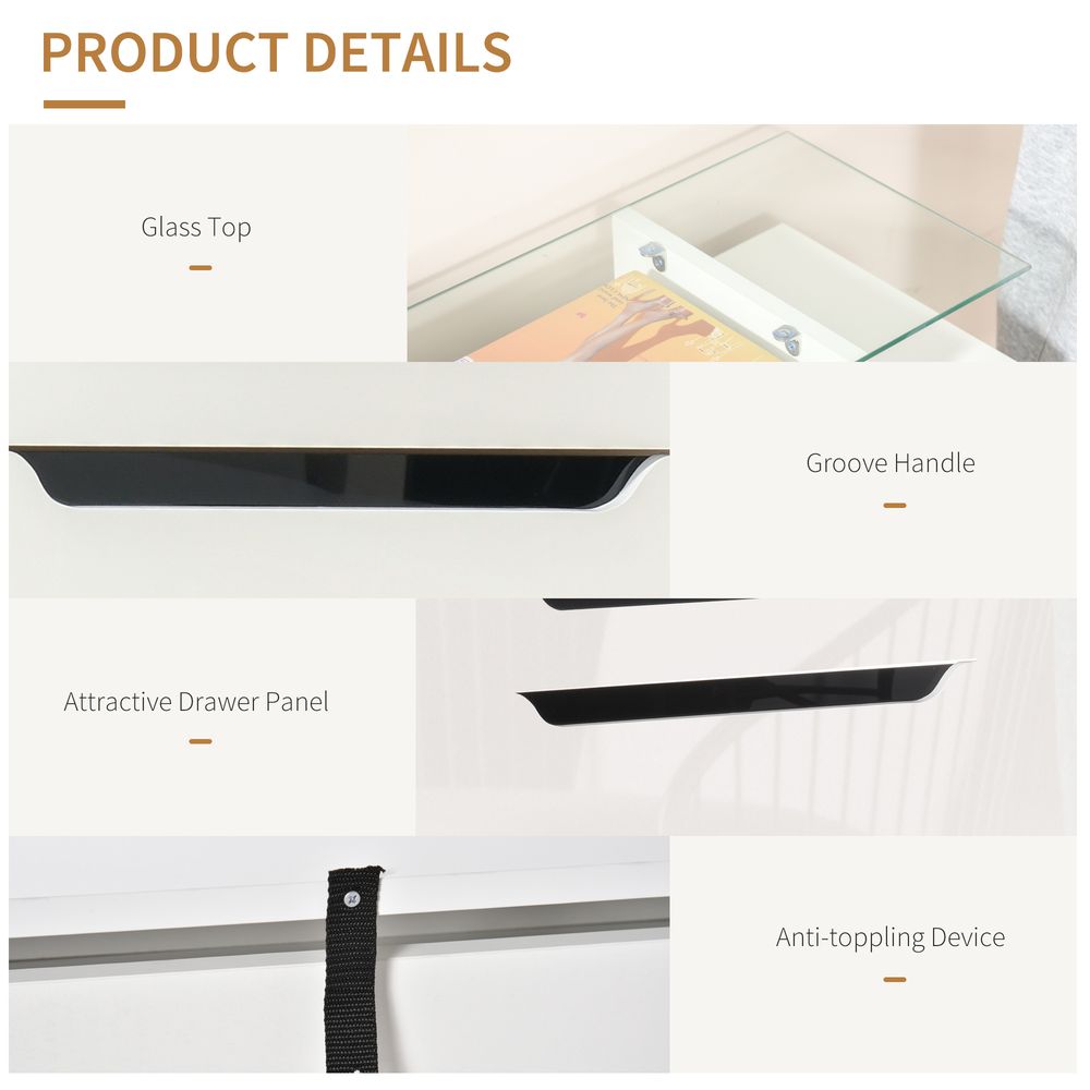 Shoe Cabinet 3 Drawers High Gloss Storage Cupboard Glass Top White