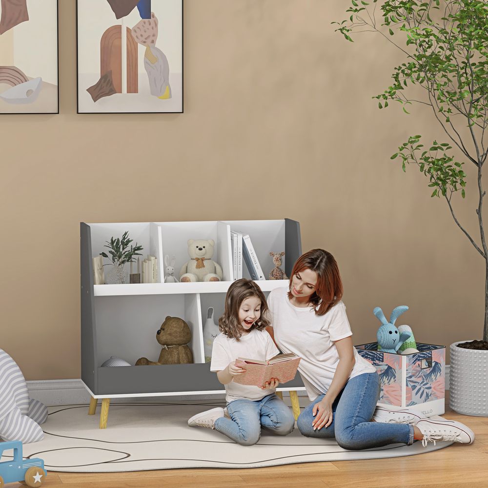HOMCOM Kids Storage Shelf with 5 Compartments, Anti-Tip Device, Grey