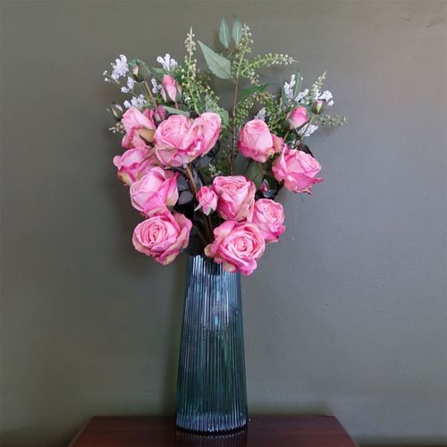28cm Green Ridged Glass Vase