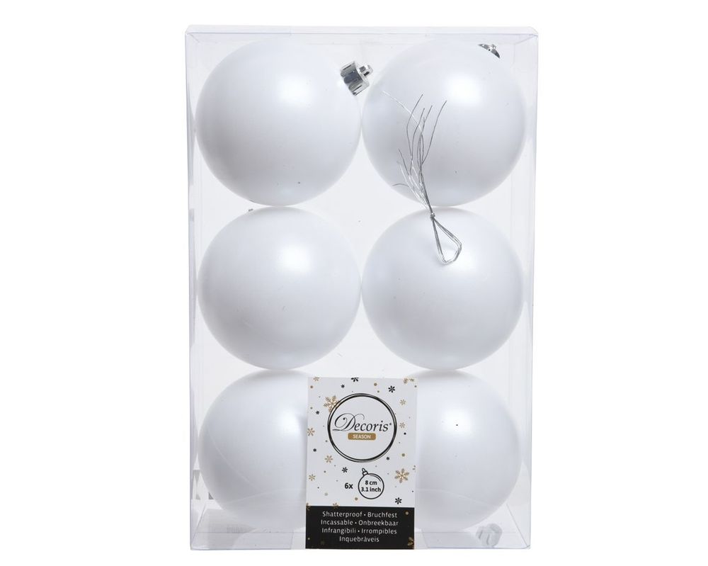 Shatterproof Winter White Bauble 8cm Pack of 6 - Christmas