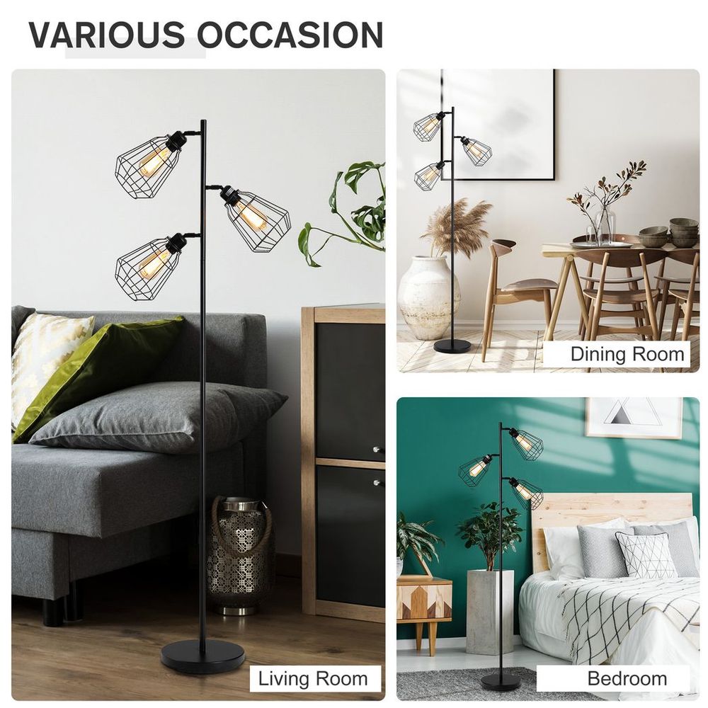 Premium Industrial Steel Birdcage Floor Lamp | 3 Lights | Round Base | Black