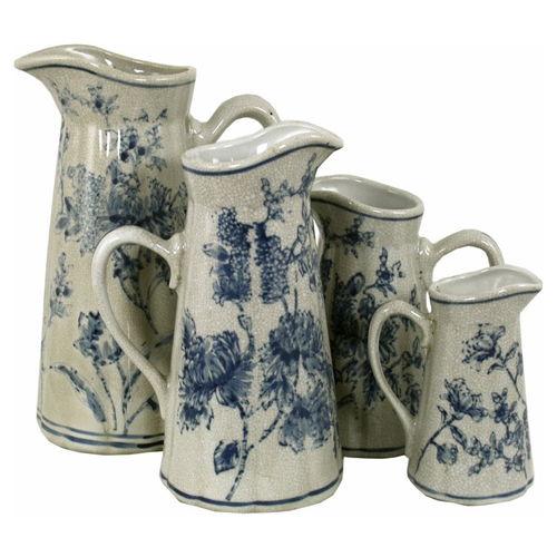 Set of 4 Ceramic Jugs, Vintage Blue & White Magnolia Design
