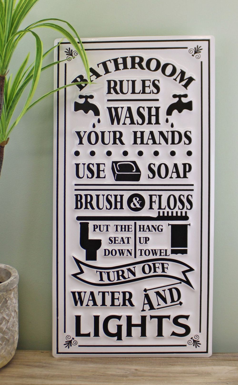 Bathroom Rules Plaque - Use Soap, Hang Up Towel - Quality Metal - 60x30cm