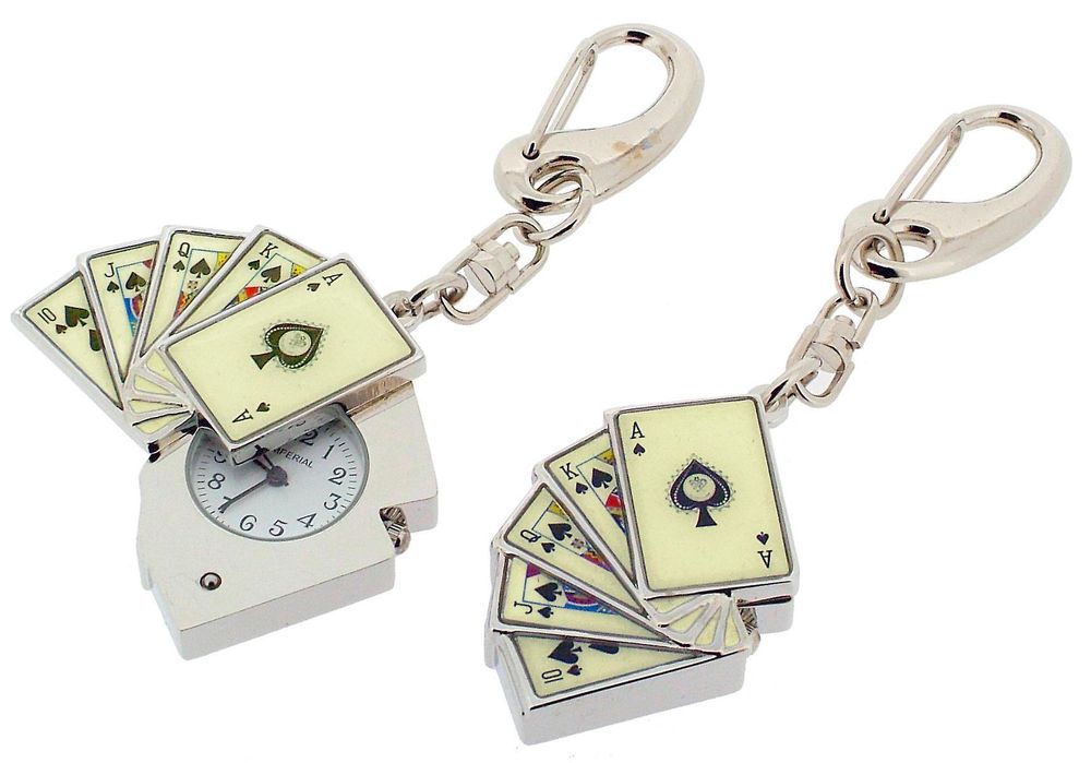 Premium Quality Silver Key Chain Clock Poker Hand Slide Open IMP747