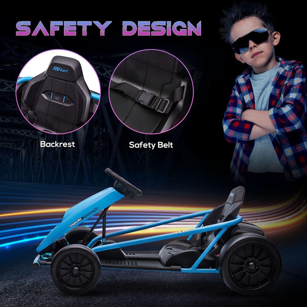 HOMCOM 24V Electric Go Kart for Kids, Drifting Ride-On Racing Go Kart with Slow Start, Music, Horn Honking and Safety Belt, for 8-12 Years Old, Blue