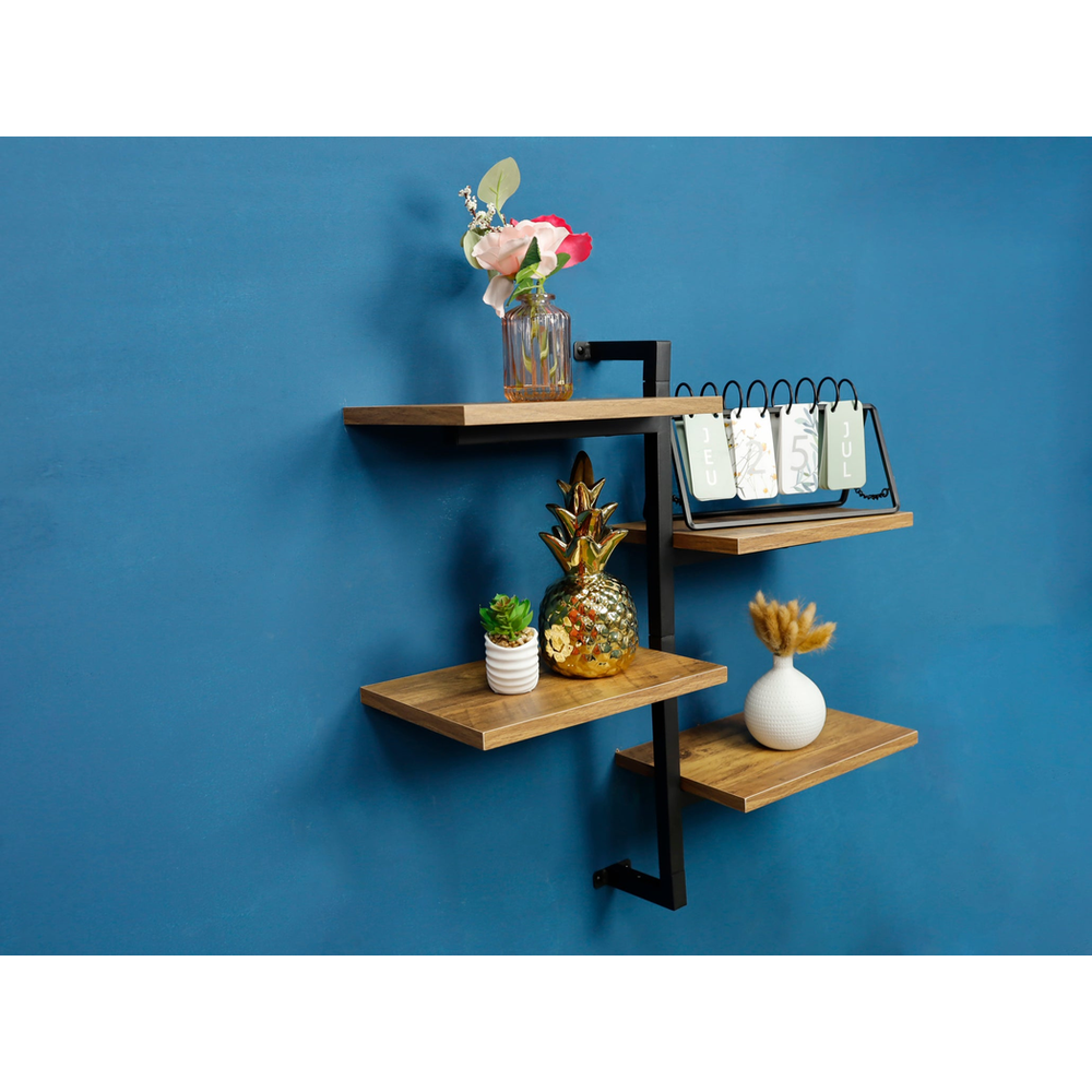4 Tier Dark Oak Wall Shelf - PARGI: Black Frame, Tall Multi Section, Best Quality, 60x20x60cm