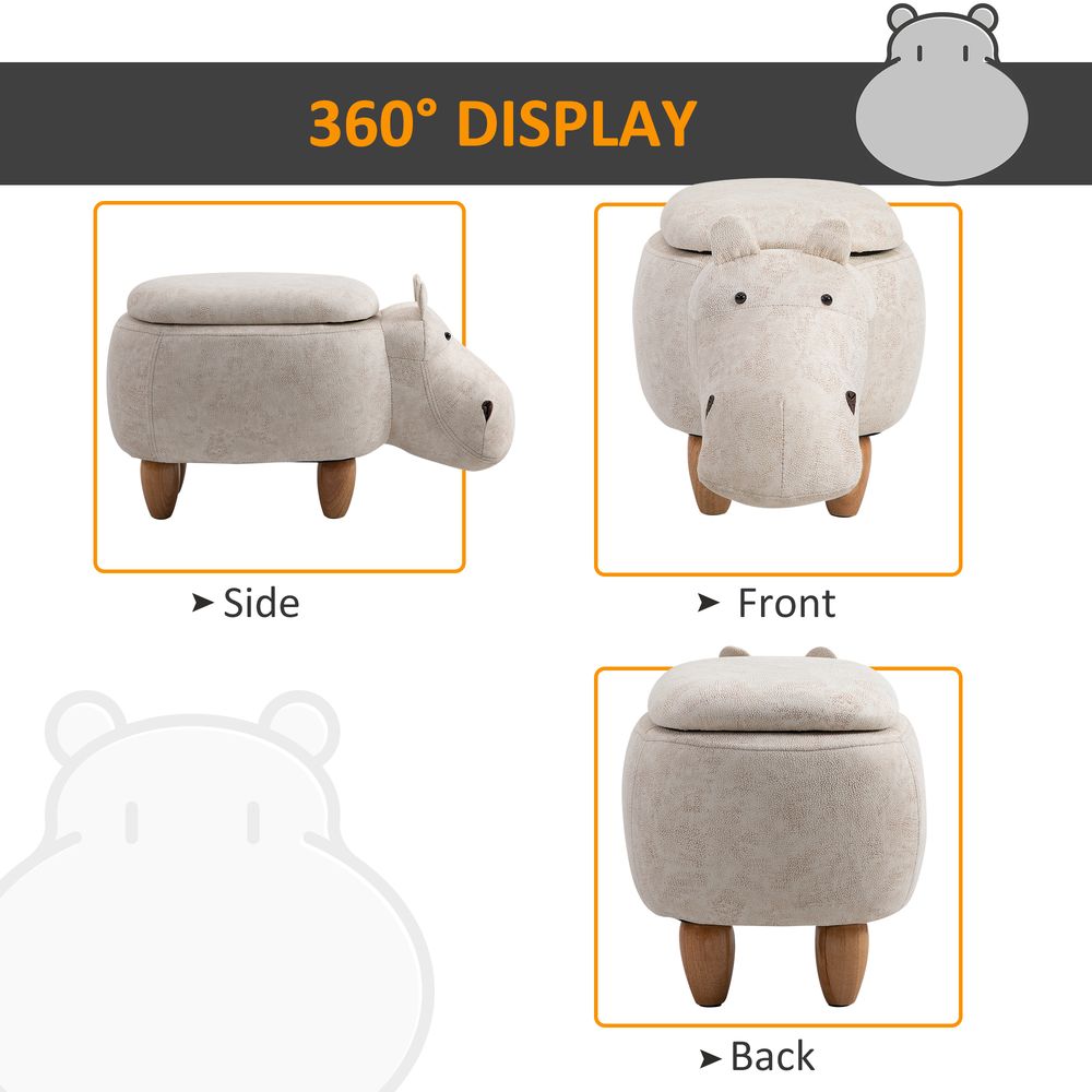 HOMCOM Hippo Storage Stool | Cute Footrest | Wood Frame Legs | Cream