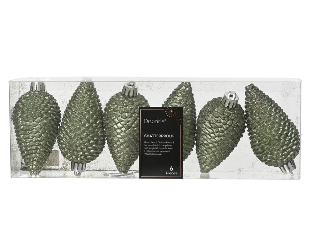 Shatterproof Rosemary Green Glitter Pine Cone 8cm Pack of 6 - Christmas Tree Decoration