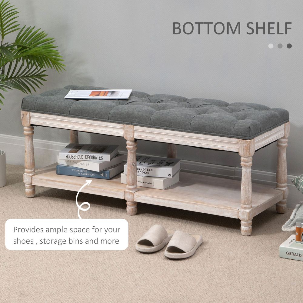 HOMCOM 2-Tier Bed End Bench, Vintage Stool, Wooden Window Seat with Storage Shelf, Button Tufted Upholstered Footstool for Living Room, Bedroom, Entryway, Grey