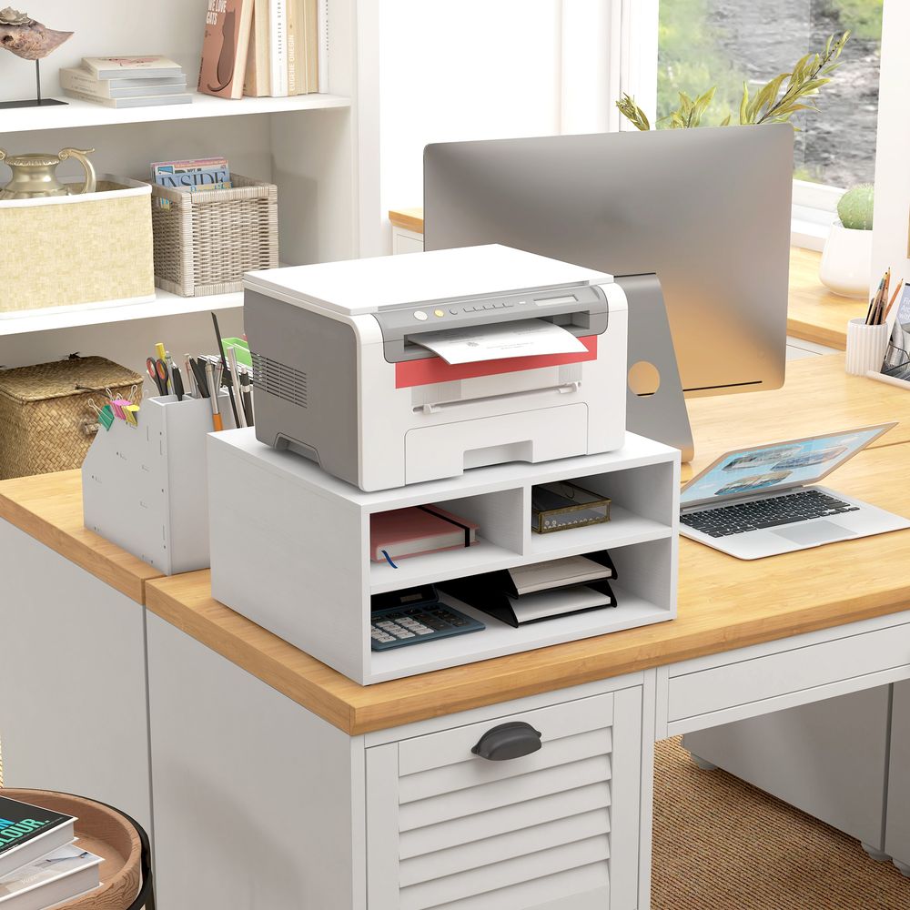 HOMCOM Desktop Printer Stand with 3 Open Compartments, Desk Organiser, Black