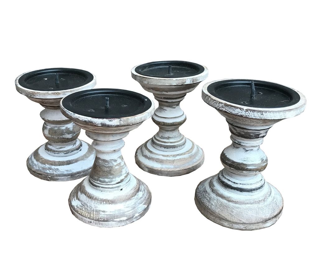 High-Quality Set of 4 White Wooden Candlestick Church Pillar Candle Holders