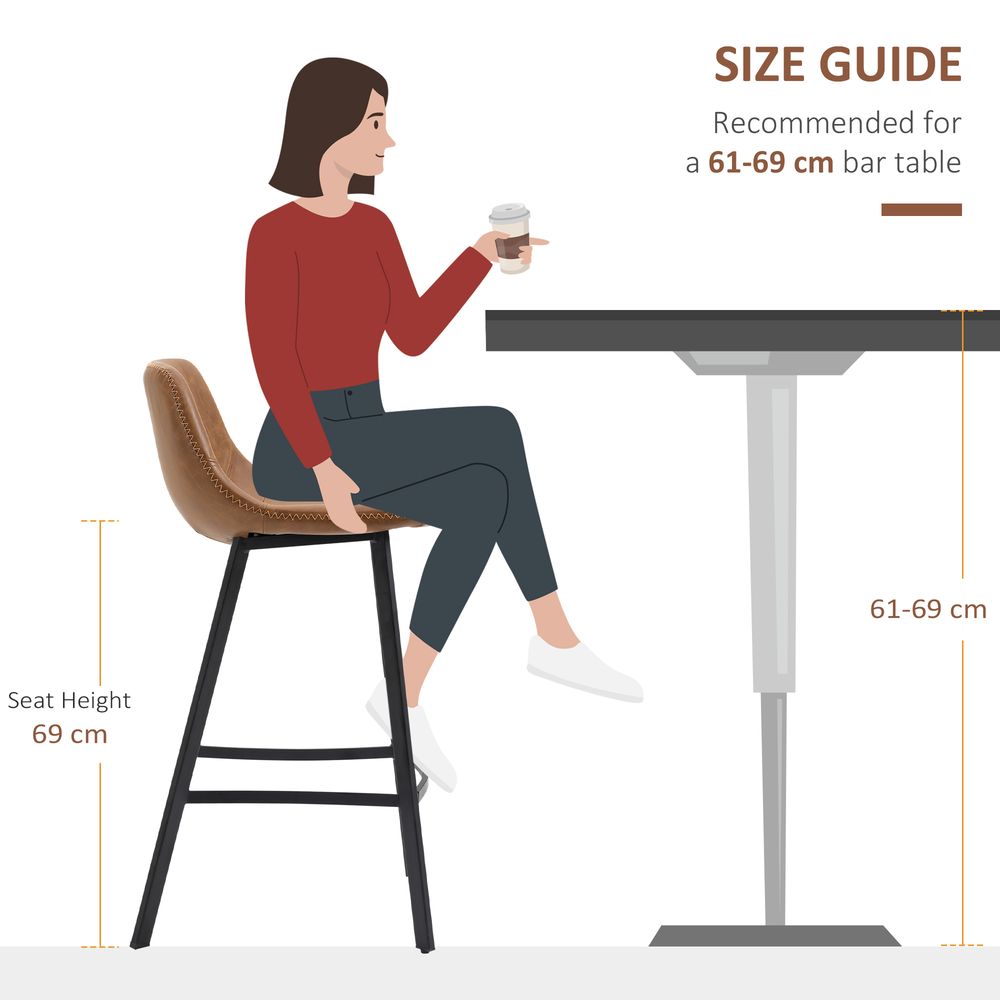 HOMCOM Bar Stools Set of 2, Industrial Kitchen Stool, Upholstered Bar Chairs with Back, Steel Legs, Brown