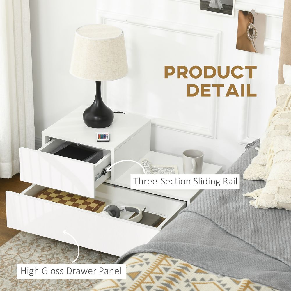 HOMCOM High Gloss LED Nightstand Table - Remote Control, White - Best Quality