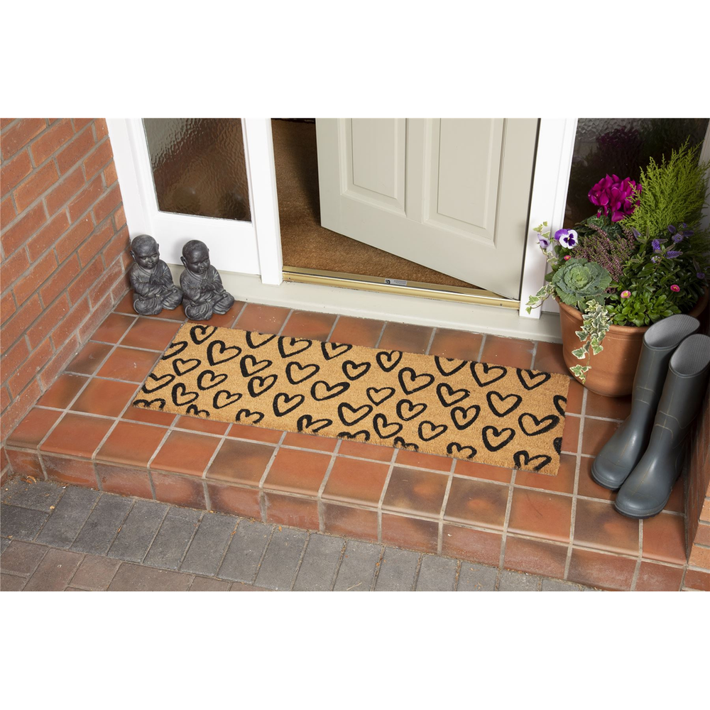 Astley Heart Print Coir Doormat - PVC Backed - 40x120cm - Natural - High Quality