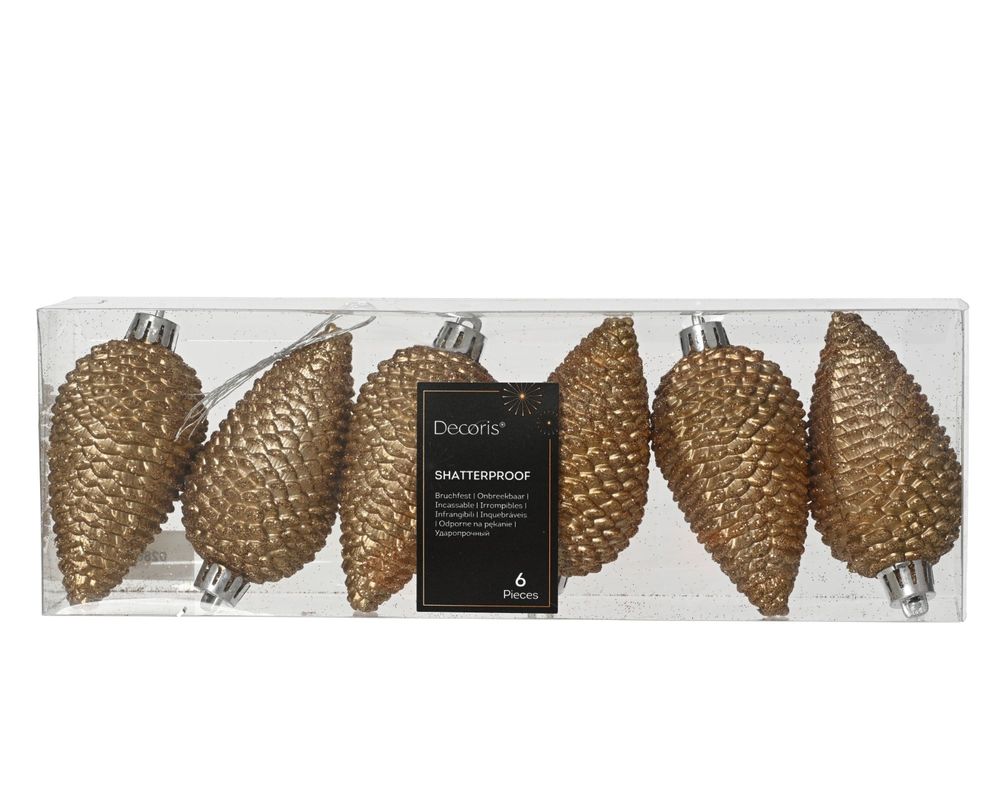 Shatterproof Pecan Brown Glitter Pine Cone 8cm Pack of 6 - Christmas Tree Decoration