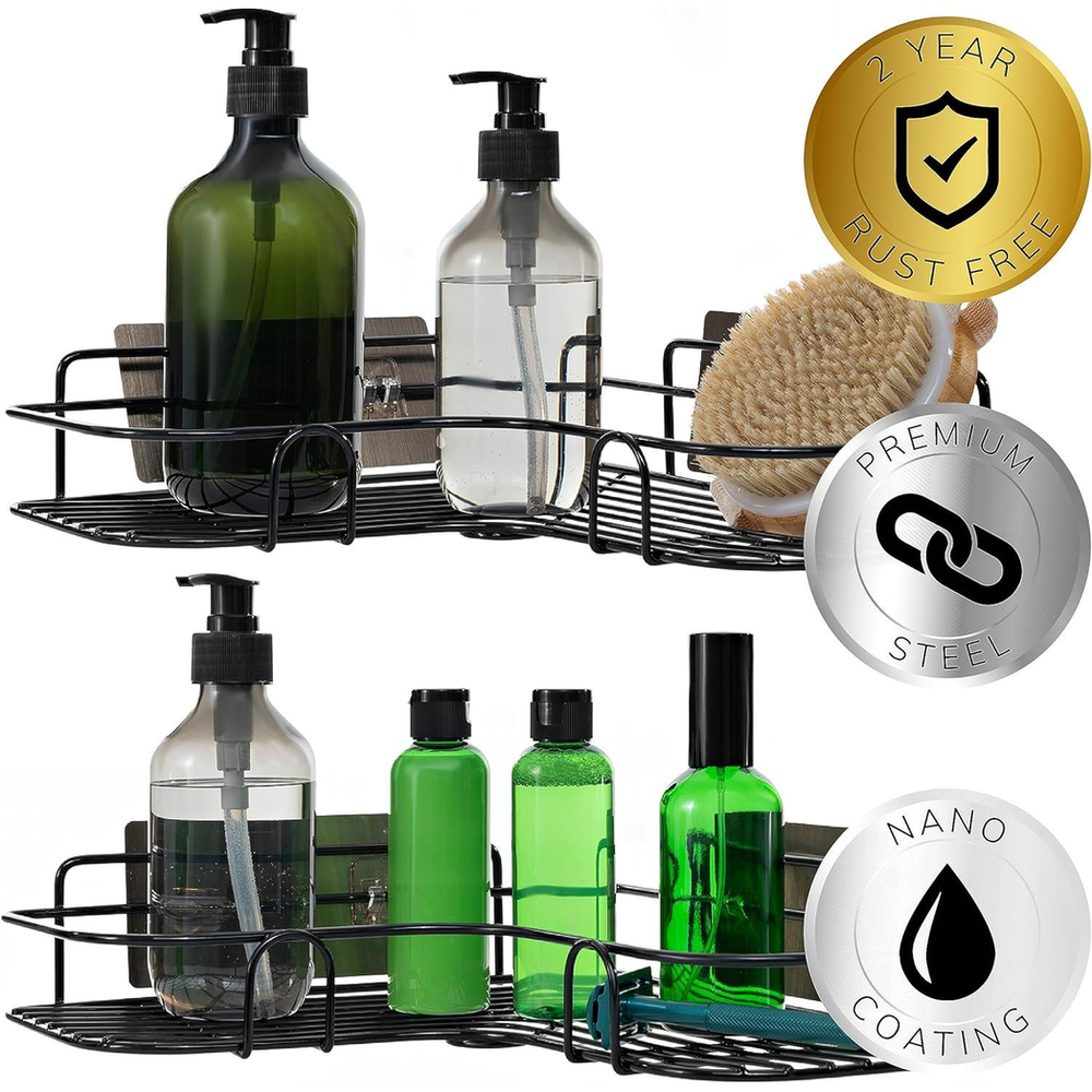 Space-Saving Black Corner Shower Caddy Set | Rust-Resistant | Nano Coating | Wall Mounted Adhesive | Set of 2